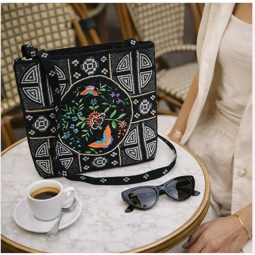 Beaded Bird Butterfly Tote Black Artisan Embroidered Statement Bag
